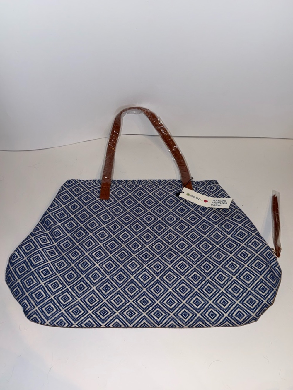 Blue Diamond Pattern Tote Bag with Brown Handles